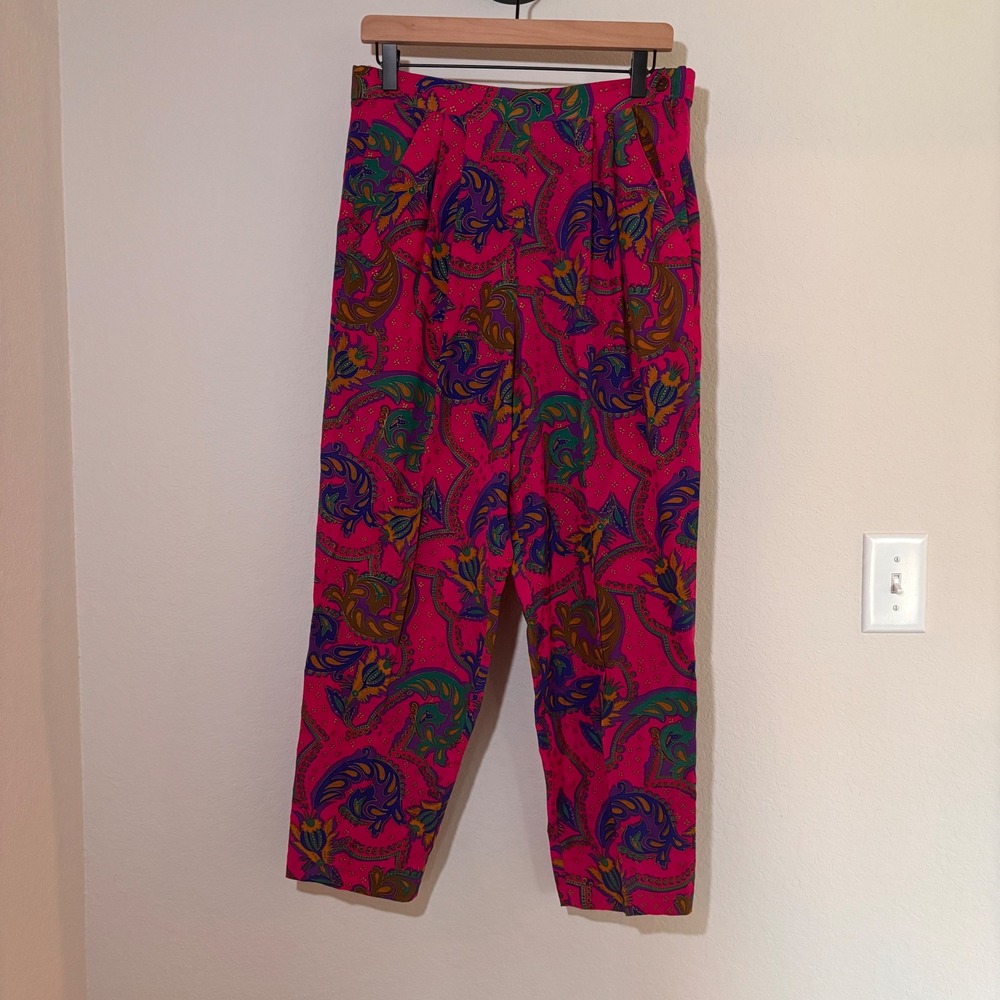 Adam Douglass Pants Vintage S 100% Silk Paisley Pink High Waisted Maximalist